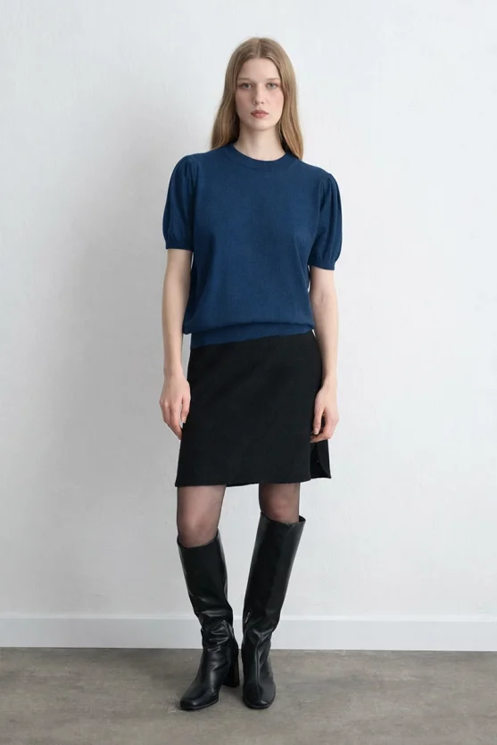 Balon Kol Triko Bluz Mavi - Gusto