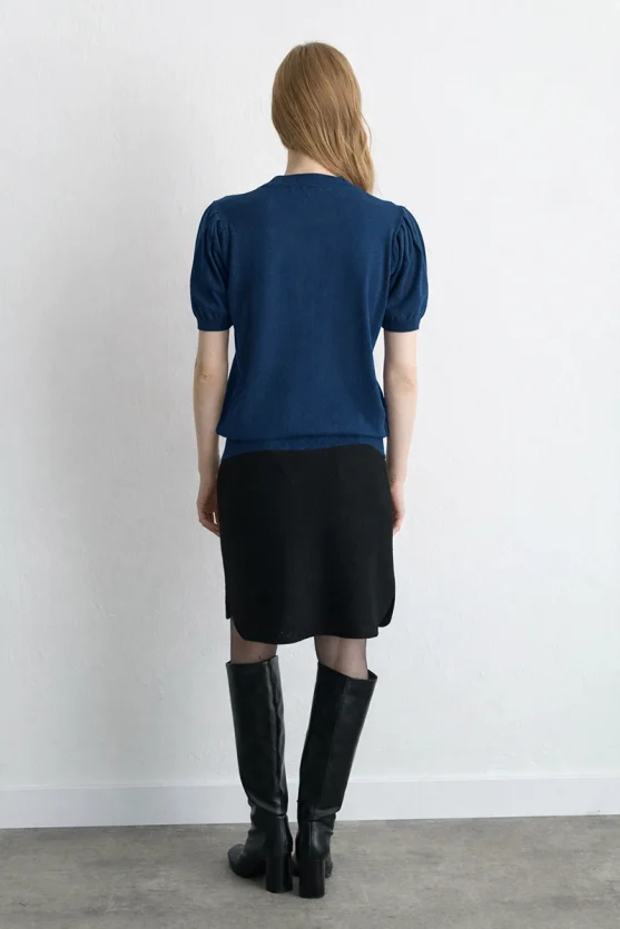 Balon Kol Triko Bluz Mavi - Gusto