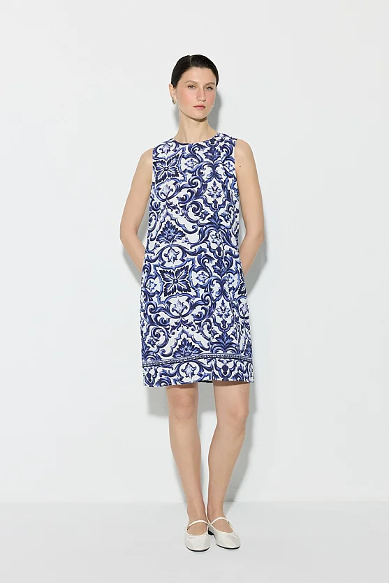Baroque Pattern Viscose Dress - Navy Blue - Gusto