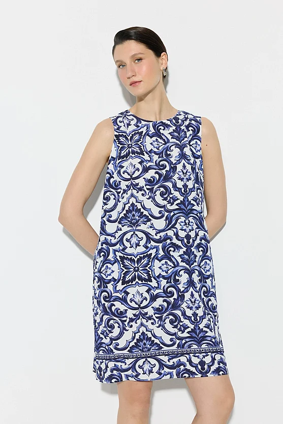 Baroque Pattern Viscose Dress - Navy Blue - Gusto
