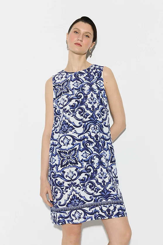 Baroque Pattern Viscose Dress - Navy Blue - Gusto