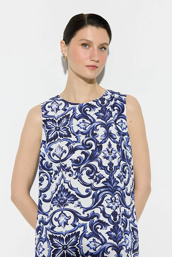 Baroque Pattern Viscose Dress - Navy Blue - Gusto
