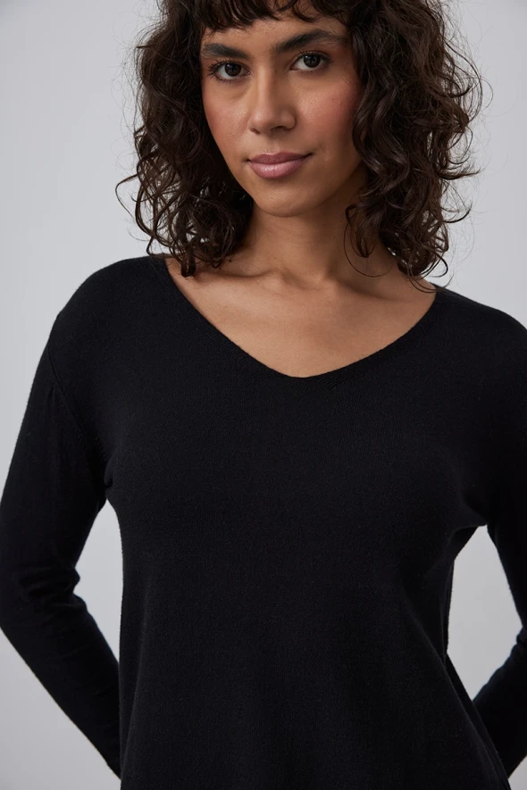 Basic Knitwear with V Neck- Black - 5