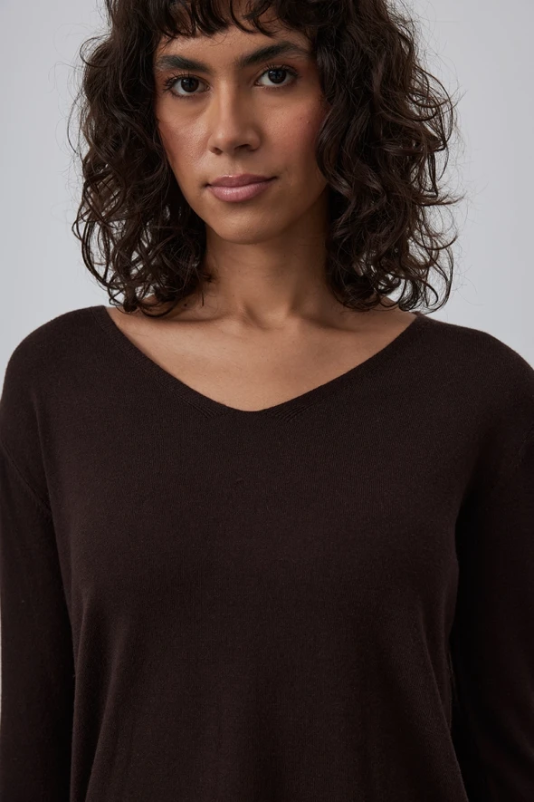 Basic Knitwear with V Neck- Brown - 2