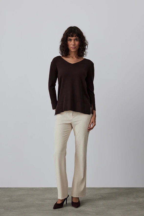 Basic Knitwear with V Neck- Brown - 3