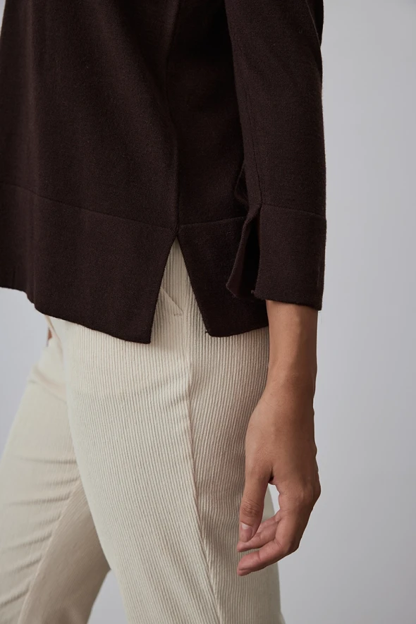 Basic Knitwear with V Neck- Brown - 4