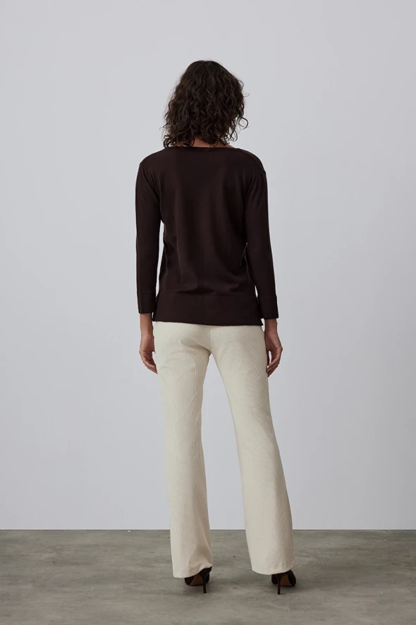 Basic Knitwear with V Neck- Brown - 5