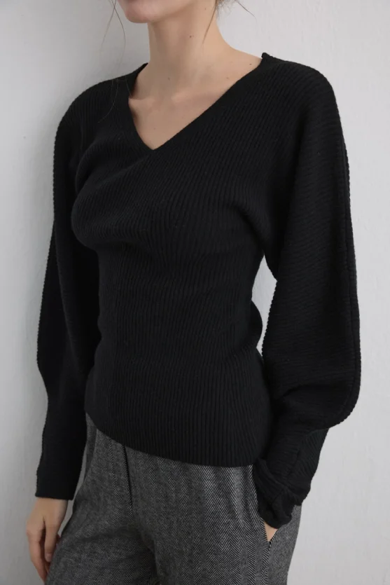 Batwing Sleeve Wool Knit Black - 5