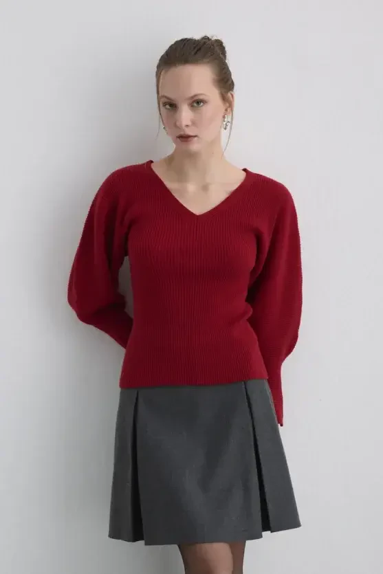 Batwing Sleeve Wool Knit - Red - 3