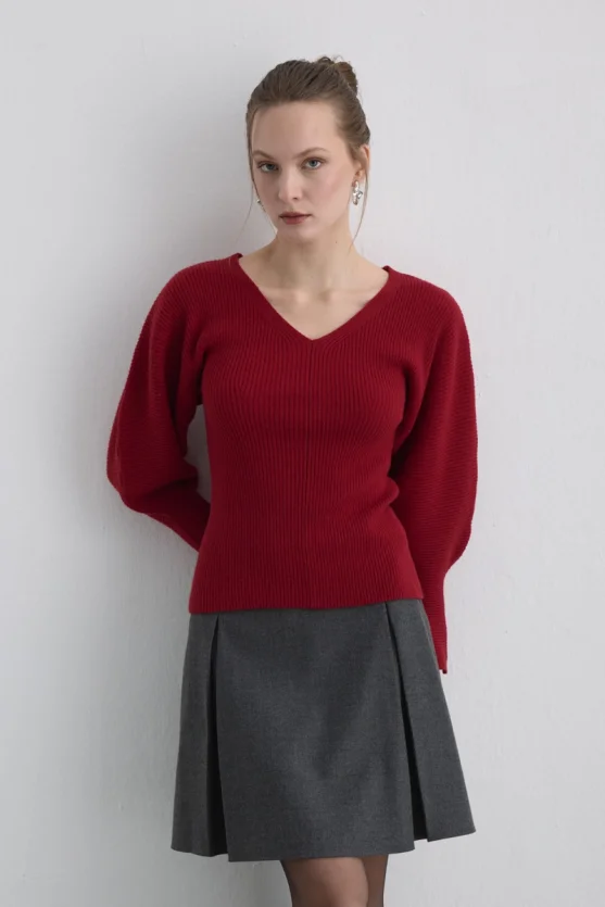 Batwing Sleeve Wool Knit Red - 3
