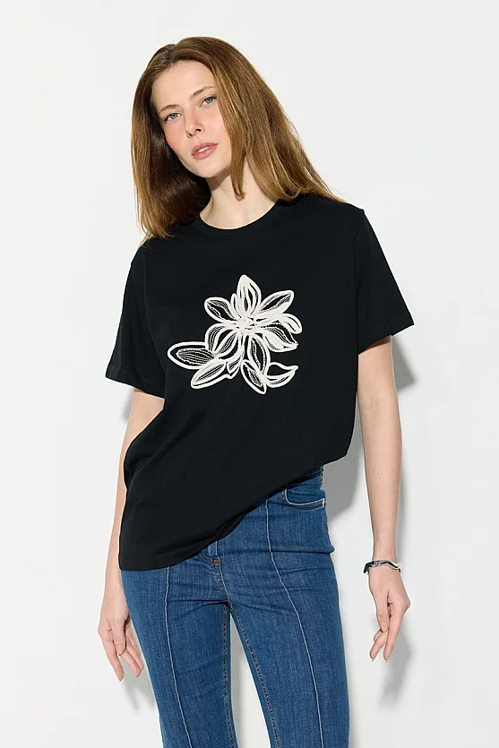 Beaded Embroidered Cotton T-Shirt - Black - 3
