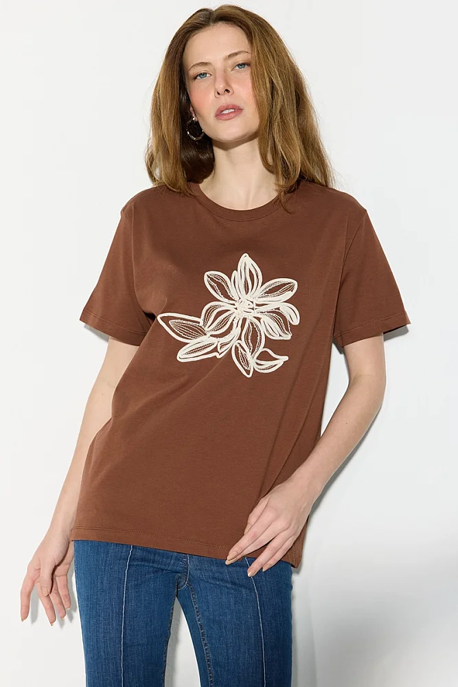Beaded Embroidered Cotton T-Shirt - Brown Brown