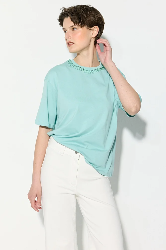 Beaded Relaxed Fit Cotton T-Shirt - Turquoise Turquoise