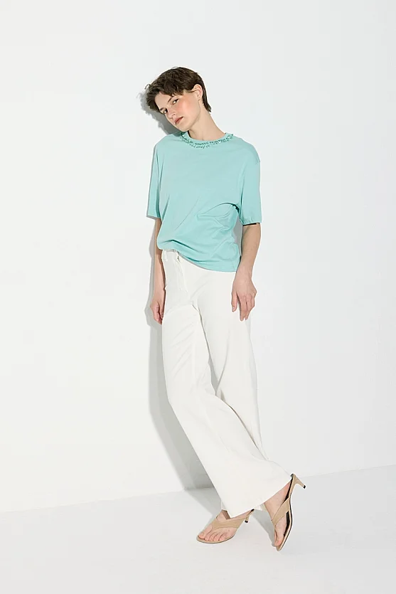 Beaded Relaxed Fit Cotton T-Shirt - Turquoise - 3