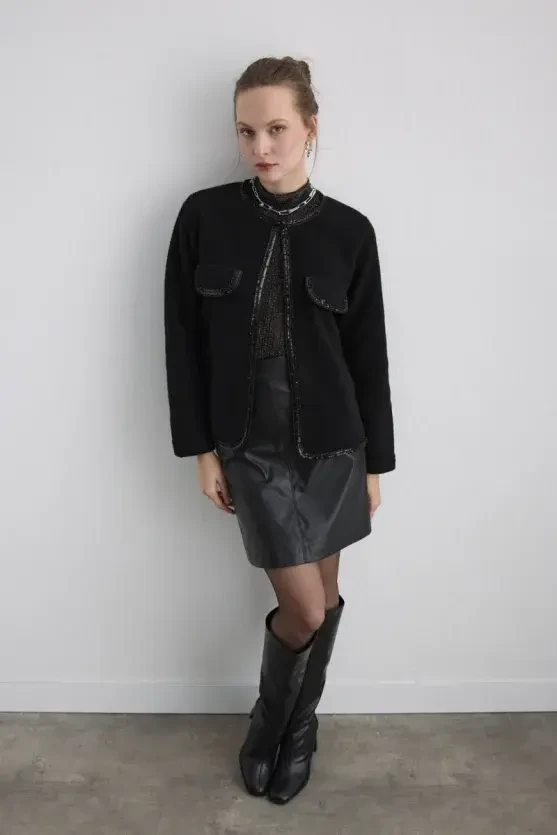 Beaded Wool Jacket - Black - Gusto