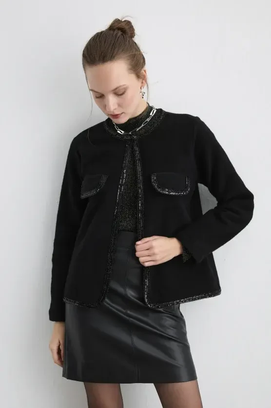 Beaded Wool Jacket - Black - 1