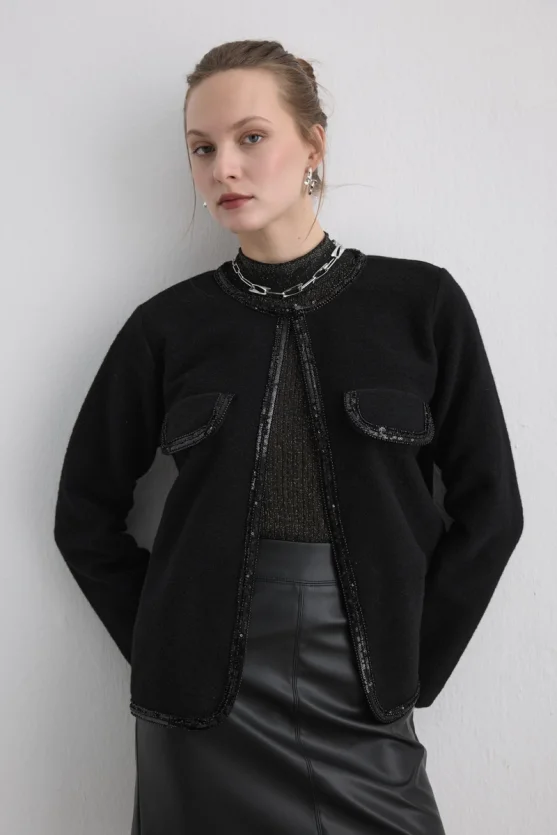 Beaded Wool Jacket - Black - 2