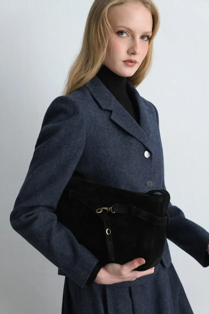 Belt Detail Suede Bag - Black