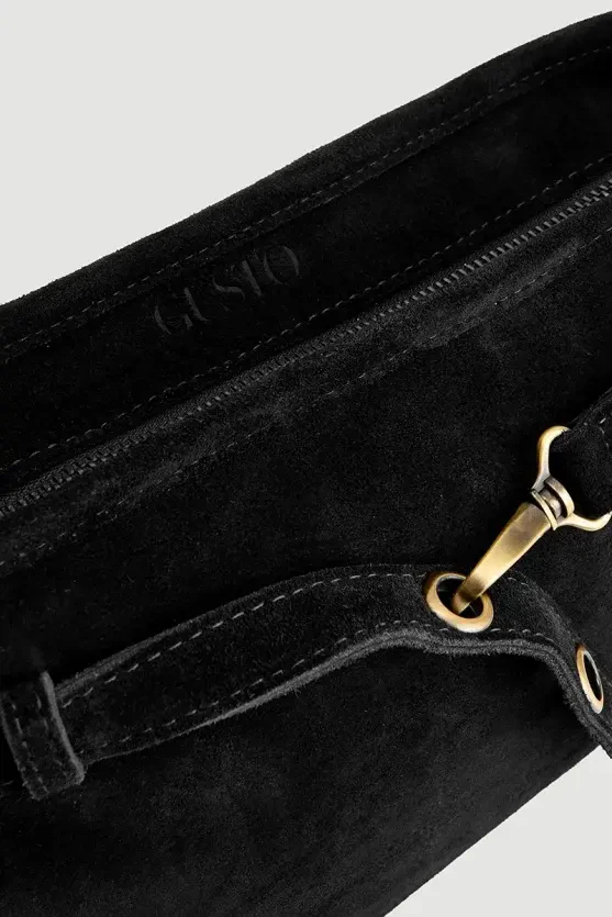 Belt Detail Suede Bag - Black - Gusto