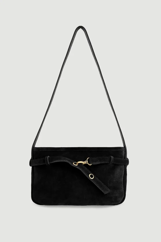 Belt Detail Suede Bag Black - Gusto