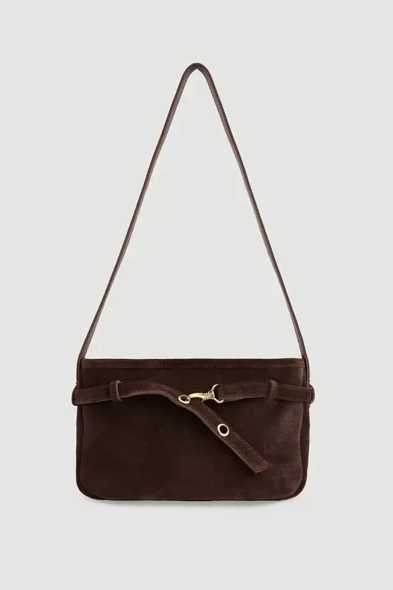 Belt Detail Suede Bag - Brown - Gusto
