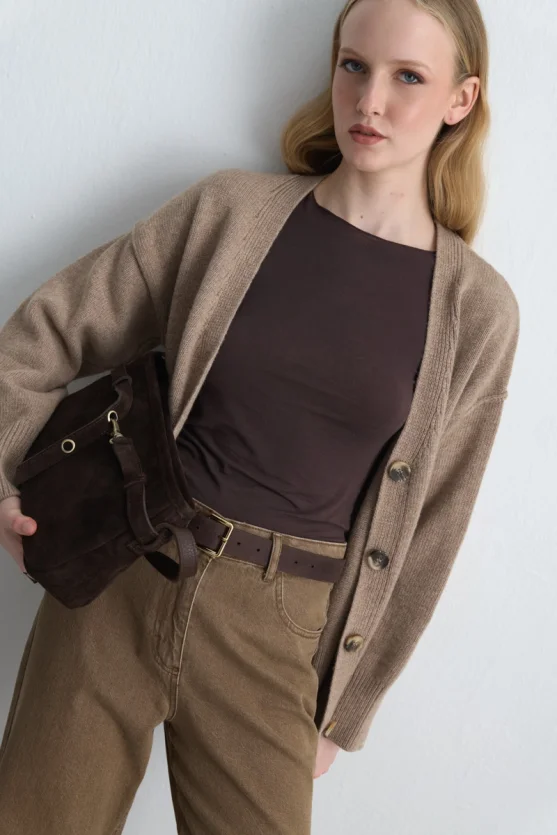 Belt Detail Suede Bag Brown - 5