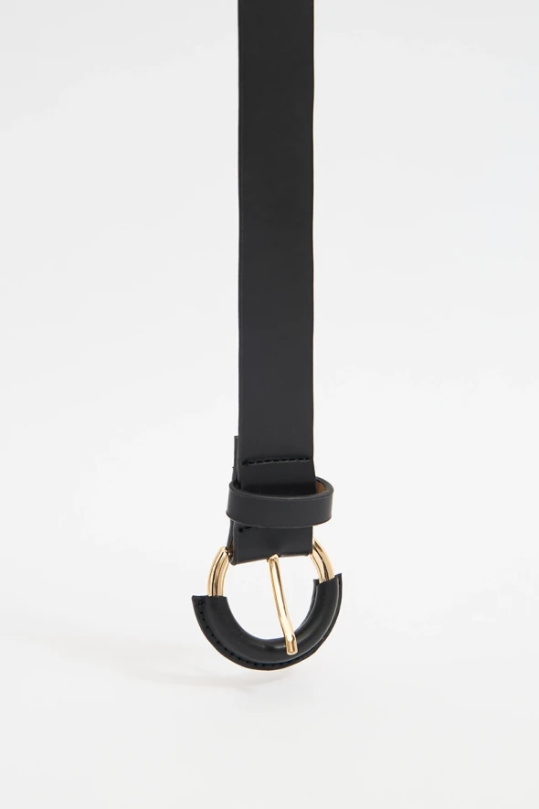 Belt with Leather Detail Buckle - Black - 2