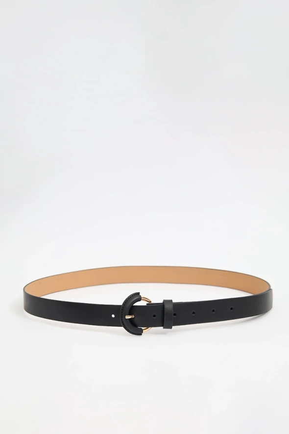 Belt with Leather Detail Buckle - Black - 1