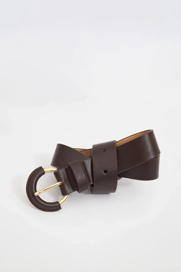 Belt with Leather Detail Buckle - Brown - 2