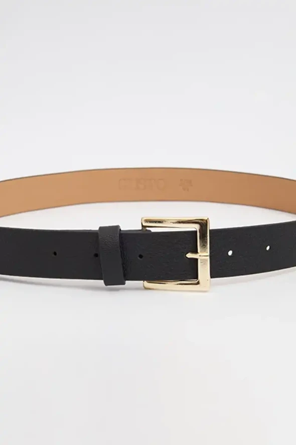 Belt with Metal Gold Buckle - Black - 2