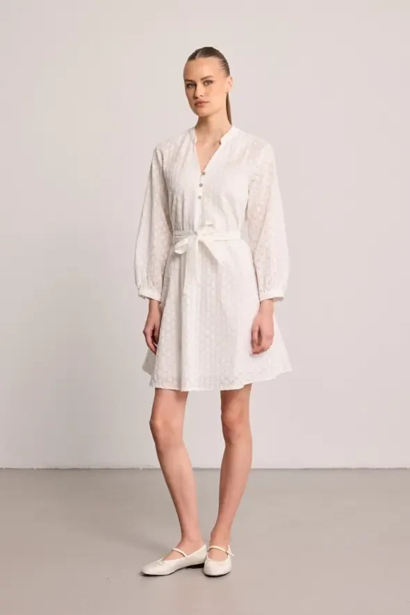 Belted Broderie Dress - White - 1