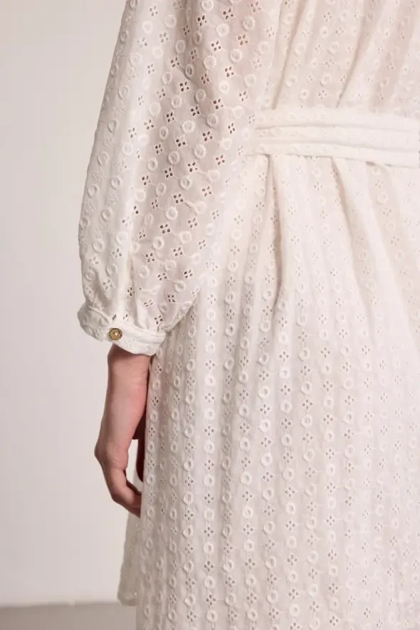 Belted Broderie Dress - White - 5