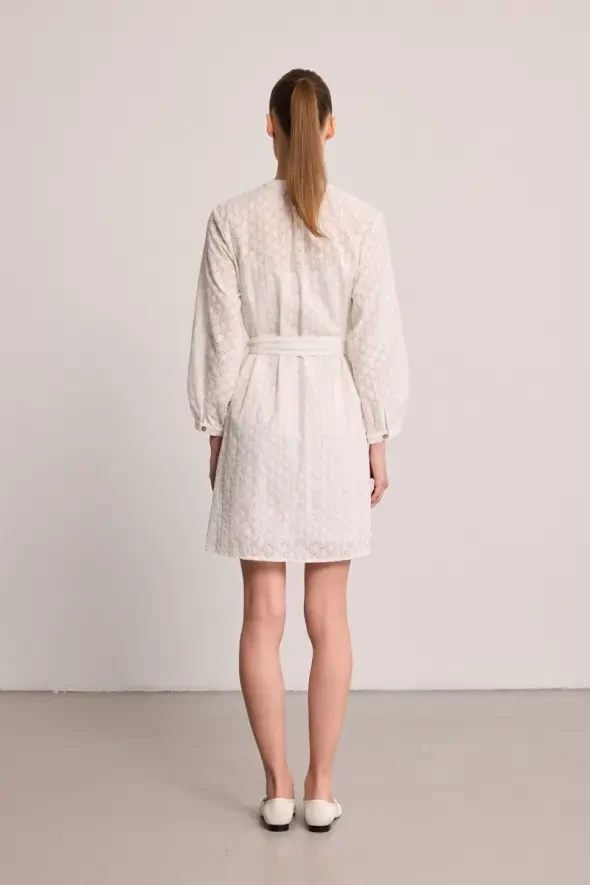 Belted Broderie Dress - White - 6