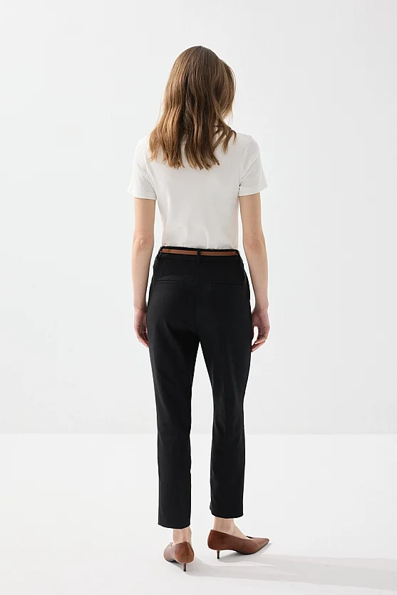 Belted Cigarette Cotton Pants - Black - Gusto