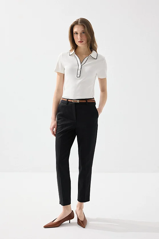 Belted Cigarette Cotton Pants - Black - Gusto