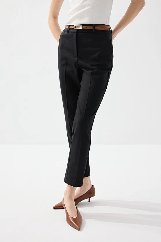 Belted Cigarette Cotton Pants - Black - Gusto