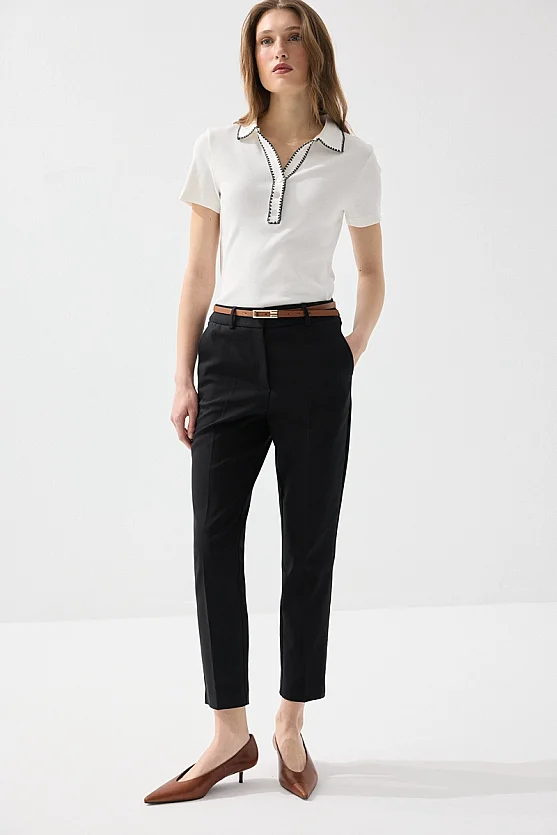 Belted Cigarette Cotton Pants - Black - Gusto
