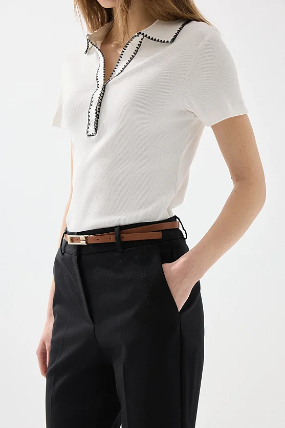 Belted Cigarette Cotton Pants - Black - Gusto