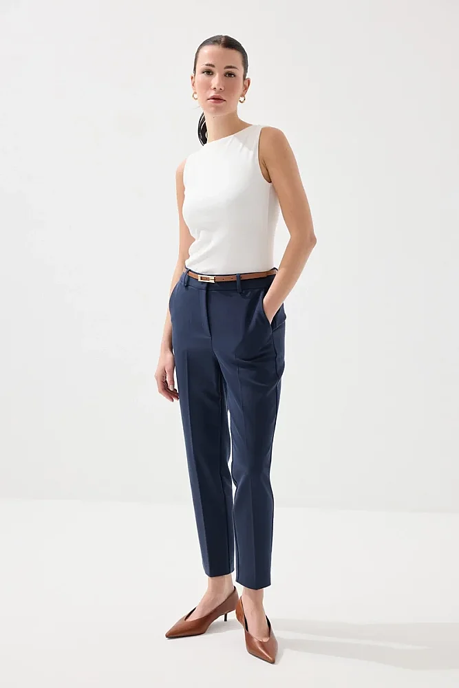 Belted Cigarette Cotton Pants - Navy Blue