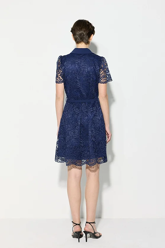 Belted Collared Lace Dress - Navy Blue - 6