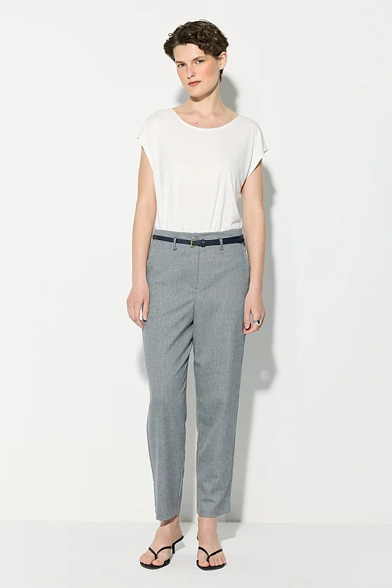 Belted Cotton Linen Cigarette Pants - Navy Blue - Gusto