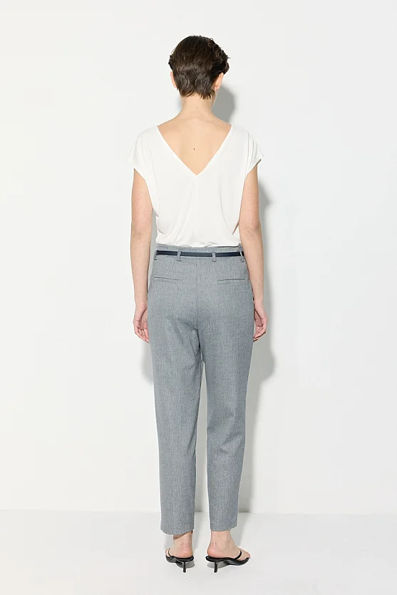 Belted Cotton Linen Cigarette Pants - Navy Blue - 8
