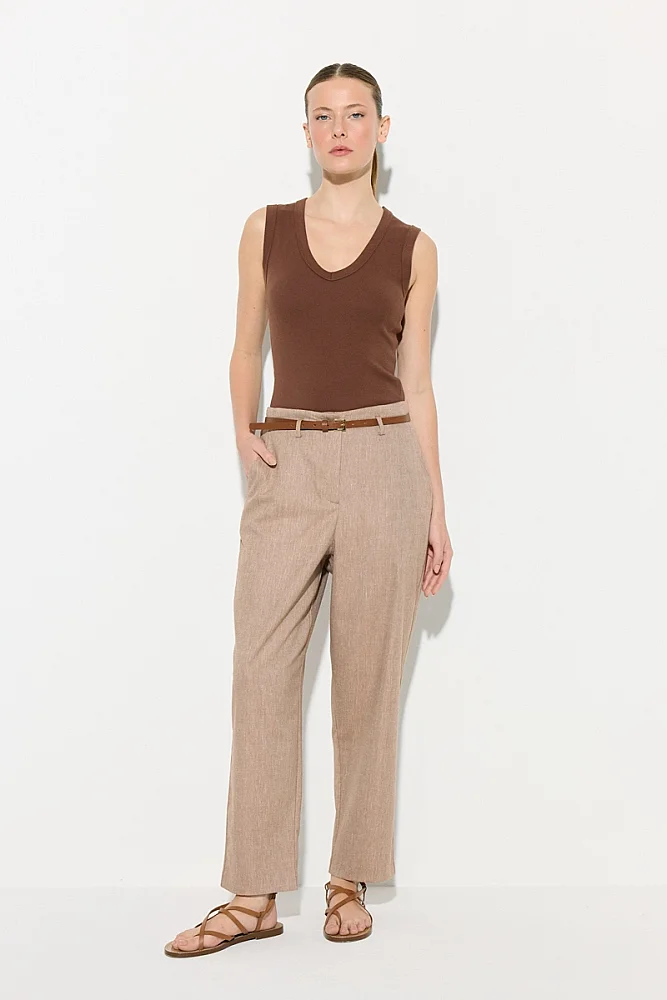 Belted Cotton Linen Cigarette Trousers - Brown