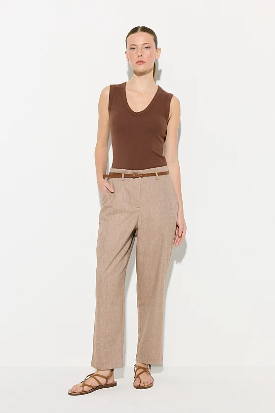 Belted Cotton Linen Cigarette Trousers - Brown - 1