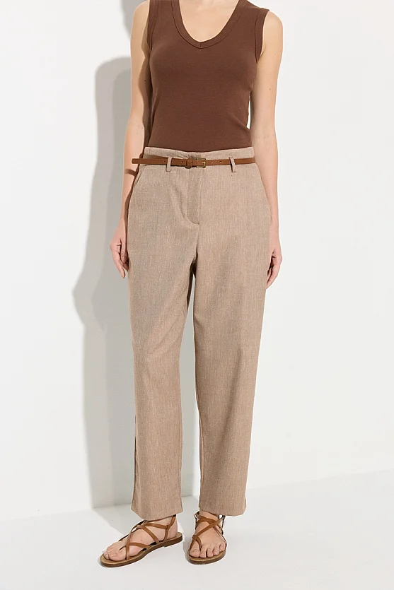 Belted Cotton Linen Cigarette Trousers - Brown - Gusto