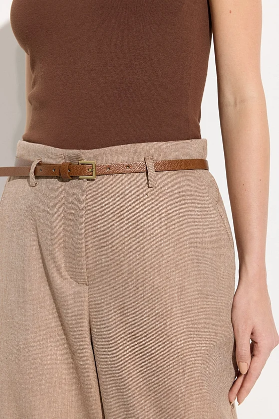 Belted Cotton Linen Cigarette Trousers - Brown - 5