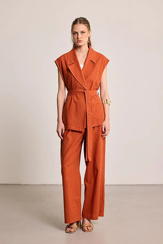 Belted Cotton Linen Vest - Brick - Gusto