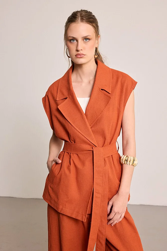 Belted Cotton Linen Vest - Brick Brick-red
