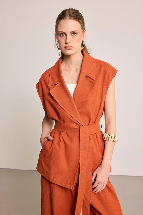 Belted Cotton Linen Vest - Brick - Gusto