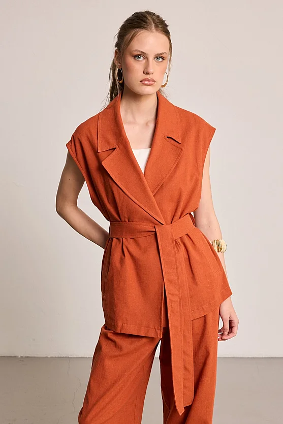 Belted Cotton Linen Vest - Brick - Gusto